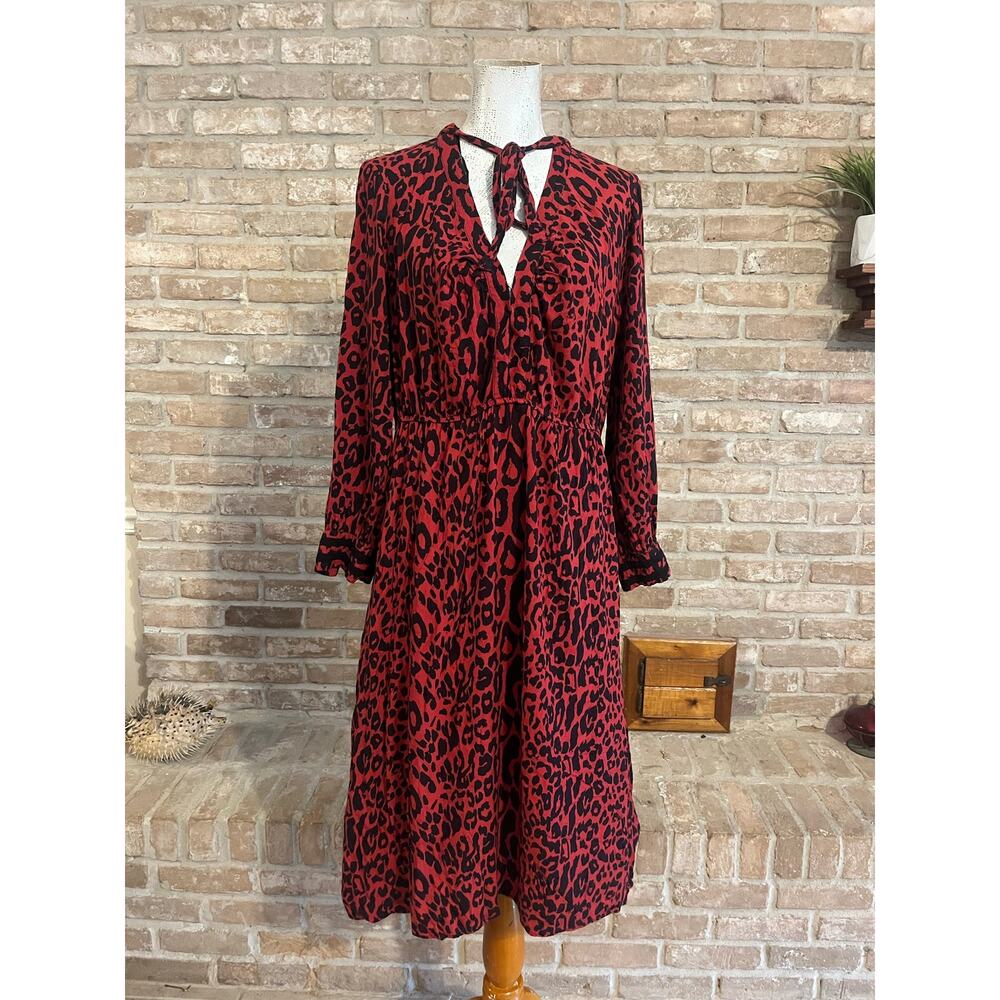 Zara Womens Red Leopard Print Midi Dress Tie Sz L - Picture 2 of 6
